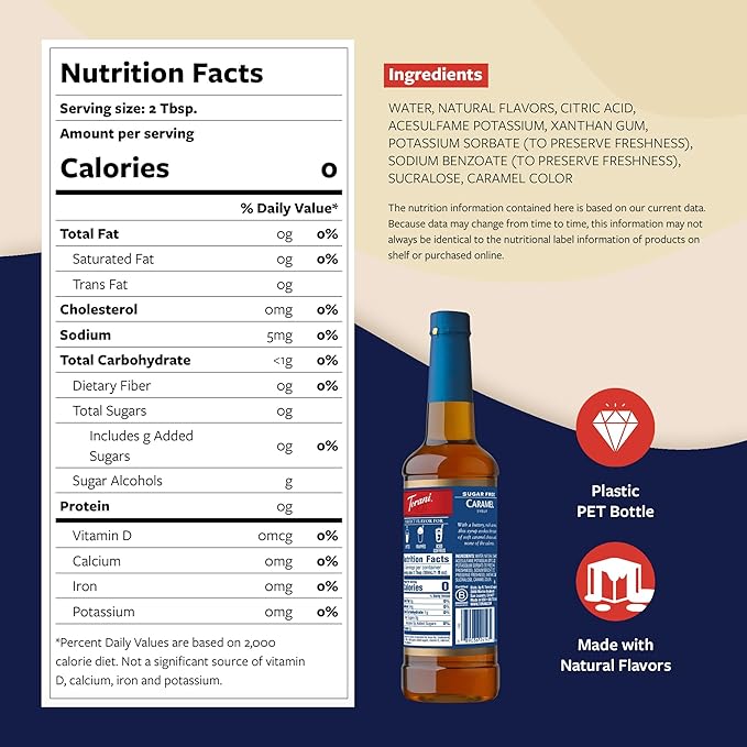Torani Sugar Free Coffee Syrup, Caramel Syrup for Drinks, Zero Calorie, Pump Included, 25.4 Fl Oz
