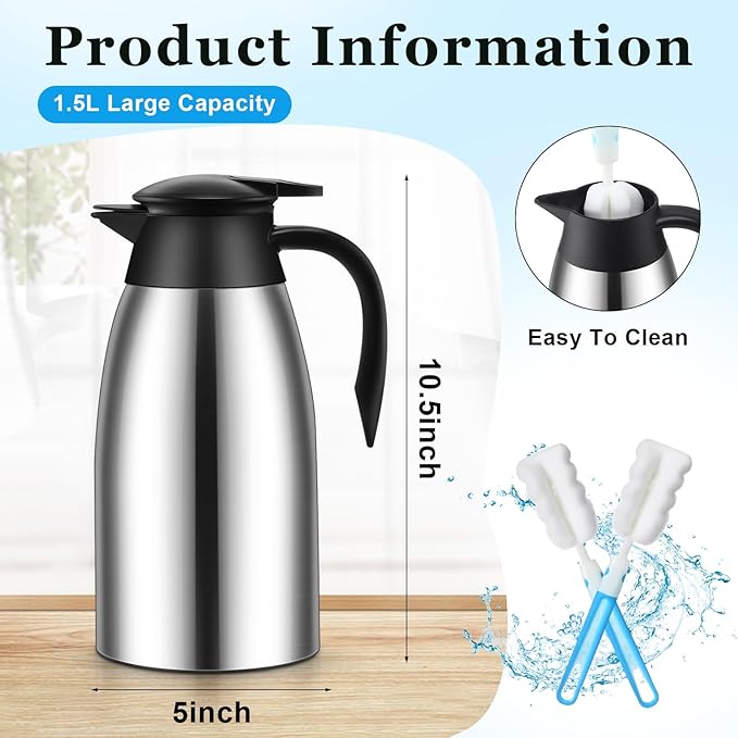 2 Pcs 51 oz Thermal Coffee Carafe for Keeping Hot Insulated Stainless Steel Vacuum Thermal Pot Flask Double Walled Vacuum Coffee Carafe for Beverage Water Tea, 12 Hot 24 Hours Cold(Silver)