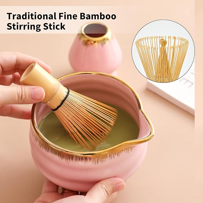 7-Piece Matcha Whisk Set: Pink Ceramic Bowl with Spout Edge (Golden Texture Design), Including Bamboo Whisk, Sieve, Spoon, etc., Suitable for Home Use/Matcha Lovers, Easy to Clean