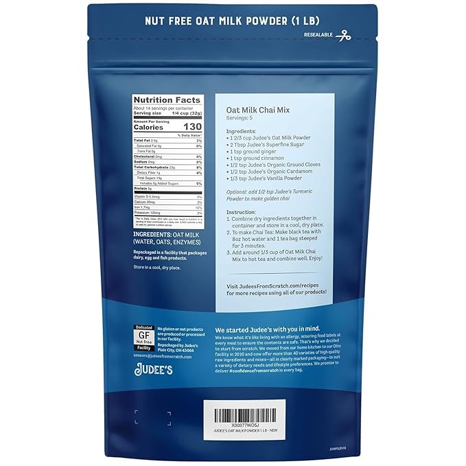 Judee’s Oat Milk Powder 1 lb - Vegan, Non-GMO, Soy-Free, Gluten-Free, and Nut-Free - Dairy Alternative - Use for Baking - Blends Well in Shakes and Smoothies - Add to Your Favorite Coffee and Drinks