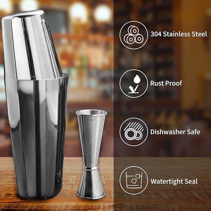 Anfly Boston Shaker 750 ml 600 ml Stainless Steel Cocktail Shaker Measuring Jug 60 ml 30 ml Internal Measuring Lines Tin on Tin Cocktail Shaker Kit Jigger Japanese Style