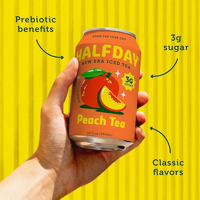 HALFDAY Prebiotic Peach Iced Tea Cans, Supports Digestive & Gut Health, 6g Plant Fiber & Prebiotics, 3g of Sugar, 35 Calories, Real Brewed Tea, Natural Caffeine, Gluten Free, Keto, 12 fl oz (12 pack)