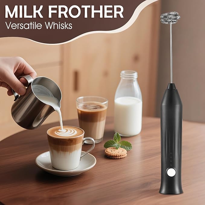 Milk Frother Handheld Rechargeable, Frother Wand Drink Mixer Electric Whisk for Coffee, Detachable With 2 Stainless Whisks, Hand Mixer for Lattes, Matcha, Egg, Gift for Christmas(Black)