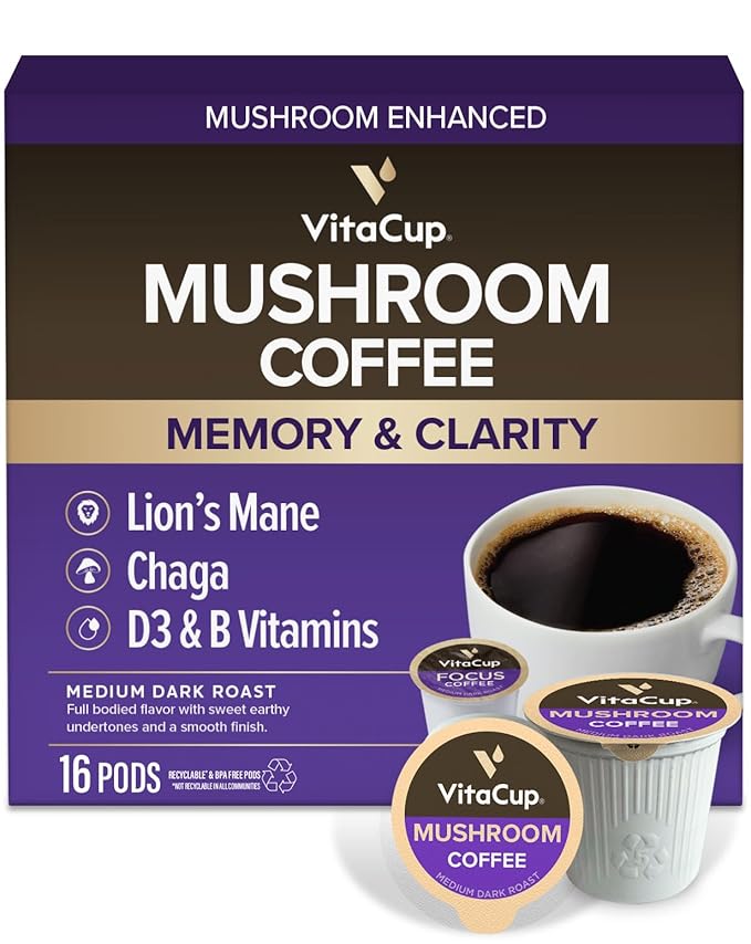 VitaCup Mushroom Coffee Pods - Boost Focus & Immunity with Lions Mane, Chaga, Vitamins, for Memory & Clarity, Recyclable K-Cup Pods, 16 Ct