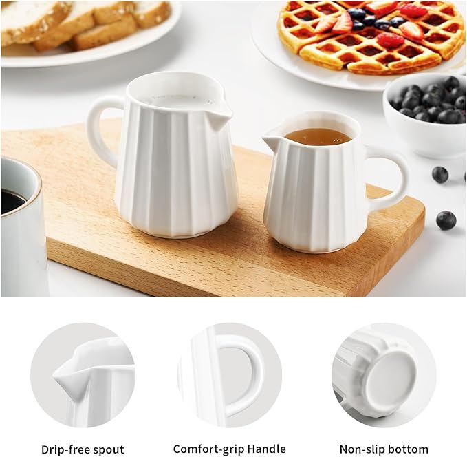 Gurygo Wave Shaped 2 Pack 5 Oz Classic White Creamer with Handle - Small Ceramic Creamer Pitcher Set - Fine Porcelain Small Milk Pitcher for Coffee Milk Sauces Salad, Microwave Safe