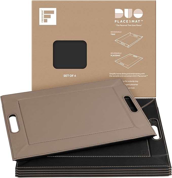 PLACEsMAT 2-in-1 Faux Leather Placemat & Serving Tray | Reversible Design, Lays Flat & Easy to Clean | Ottoman Food Tray, Housewarming Gift, 18” x 14” (Black & Mocha, Set of 4)