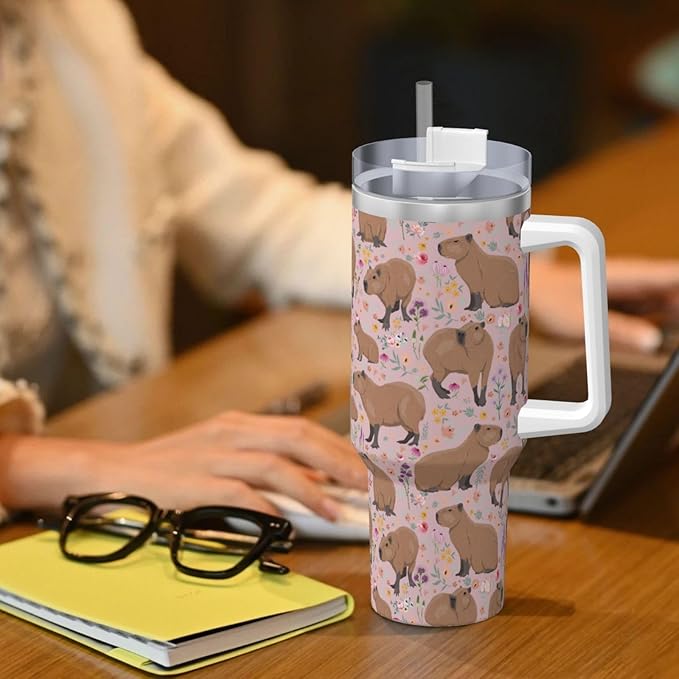Capybara Gifts Capybara Tumbler Water Bottle Cups for Girls, Teens, Women, Men 40oz Stainless Steel Vacuum Insulated Tumbler with Lid and Straw for Water, Iced Tea or Coffee, Pink