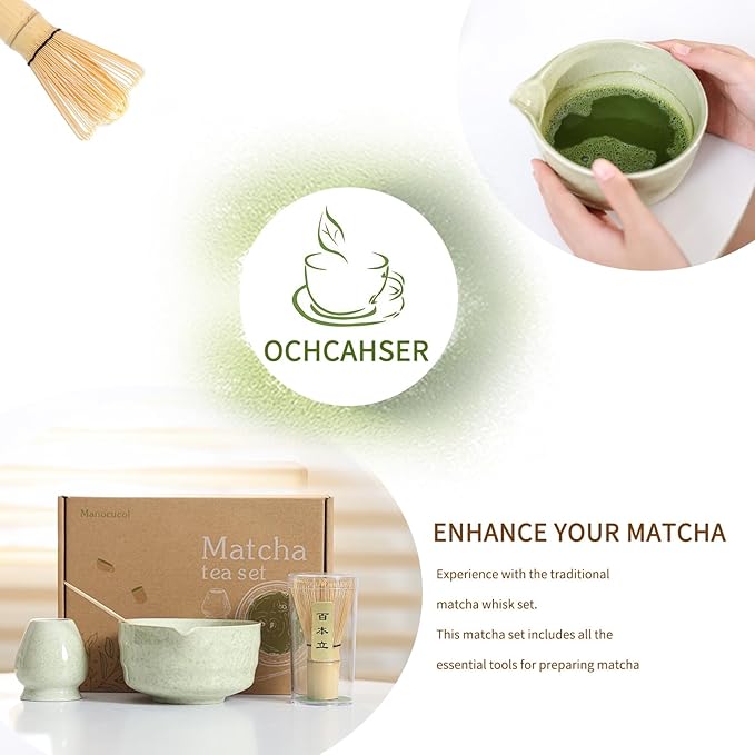 Matcha Set Match Bowl with Spout and Matcha Whisk Holder Whisk Tea Set Includes and Bamboo Scoop Ceramic 17 OZ - 4pc Perfect Matcha Kit for Matcha Tea Ceremony (Mottled Green)