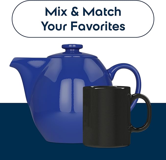 OmniWare 24 Ounce Teapot with Removable Stainless Steel Infuser (Simply Blue) - Loose Leaf Tea Brewer, Microwave & Dishwasher Safe, Retro-Inspired Stoneware for Kitchen & Dining