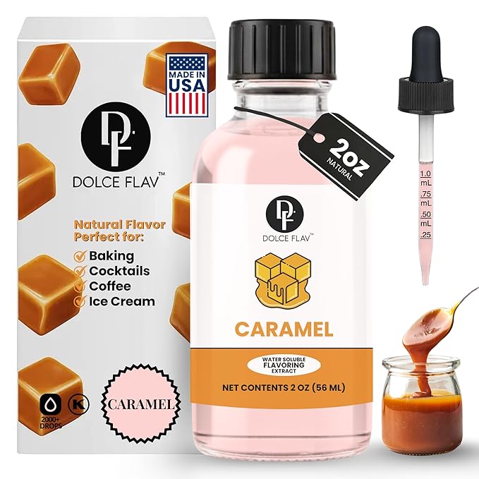 Dolce Flav Natural Caramel Extract - 2 Ounce Water-Soluble Multipurpose Flavoring Ideal for Baked Goods, Beverages, Coffee, Desserts & Ice Cream - Perfect Kitchen Gift for Holidays