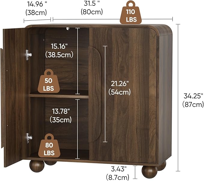 31.5'' Curved Sideboard Buffet Cabinet, Storage Cabinet with Ball Feets, Accent Console Table, Coffee Bar for Kitchen, Living Room, Entryway, Walnut