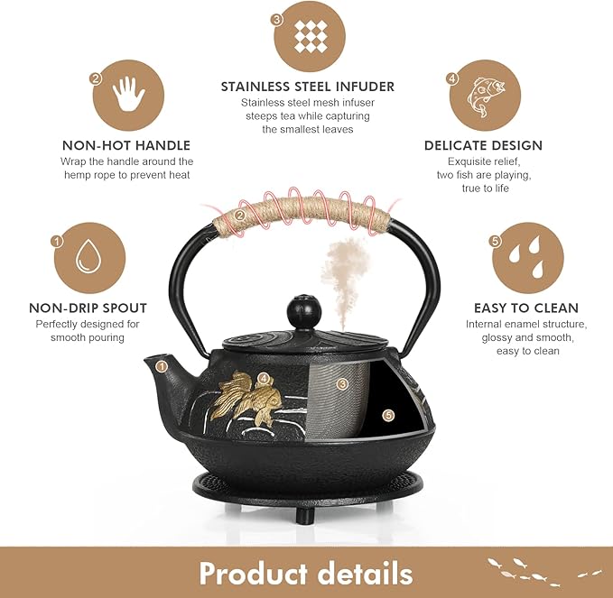 RekRang Hand-Painted Goldfish Cast Iron Teapot Set,Japanese Cast Iron Tea Kettle Set with Removeable Infuser and 4 Stainless Steel Cups,Traditional Tetsubin Tea Pot Sets for Stovetop 750ml/26oz