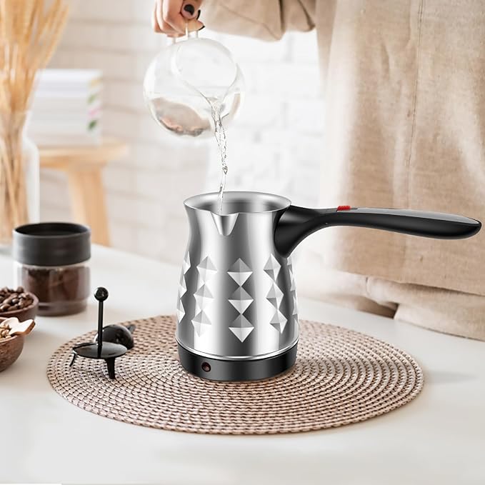 Turkish Coffee Maker, Stainless Steel 500ml Turkish Coffee Machine with Folding Handle, 5 to 6 Cups Capacity Turkish Coffee Pot, Electric Coffee Tea Warmer Kettle for Home Travel (Diamond)