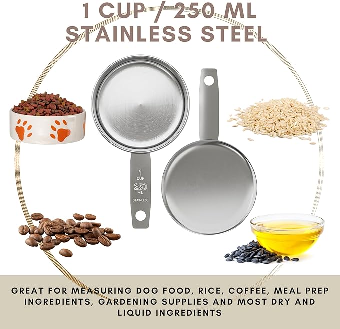 1 Cup Stainless Steel Measuring Cup | Sturdy Metal 250 ml | 240 cc | 8 oz | Single Cup for Wet and Dry Ingredients | Great for use as 1 Cup Dog Food Scoop - 4 PK