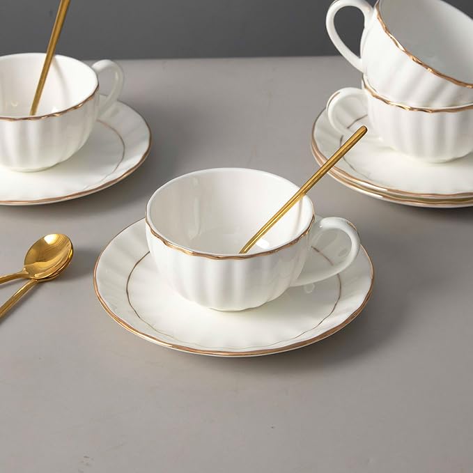 Bone China Tea Cups and Saucers Set (6 oz, Set of 4) – White Luxury Fine Porcelain Mugs for Tea, Coffee, Latte Art, Barista Use, Elegant Gifting