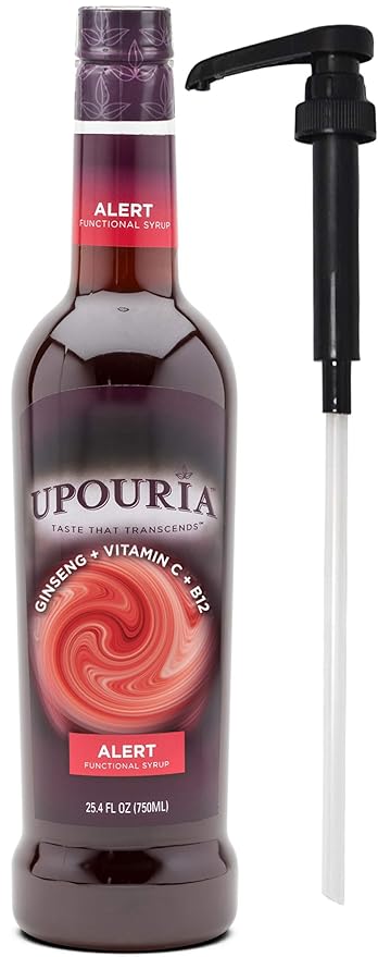 Upouria Alert Functional Syrup 100% Vegan and Gluten-Free, 750 mL Bottle - Coffee Syrup Pump Included