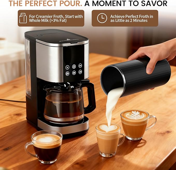 Kndko Electric Milk Frother, 6-in-1 Milk Frother and Steamer, Automatic Warm and Cold Foam Maker and Milk Warmer for Latte, Cappuccino, Macchiato, Perfect for Home and Office Use, Easy to Clean, Black