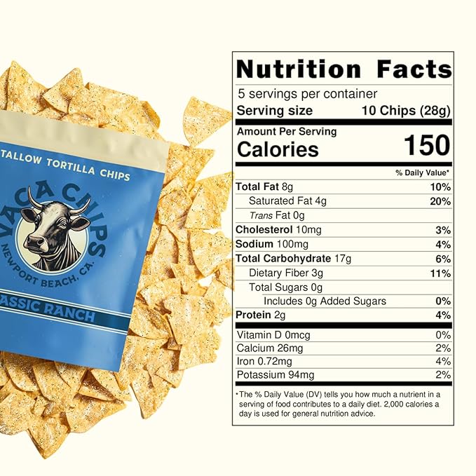 Vaca Chips – Beef Tallow Tortilla Chips, Classic Ranch Flavor – 3 Pack of 5 oz Bags – Seed Oil Free Snack Made with Organic Corn & Clean Ingredients – Gluten Free, No Preservatives, Cooked in Beef Tallow