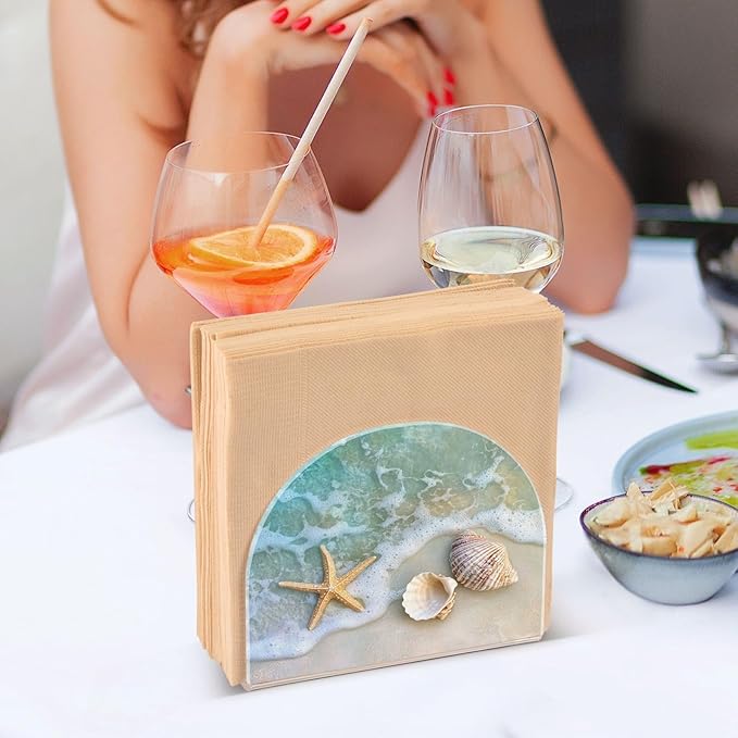Napkin Holder Acrylic Napkin Holders for Table, Tissue Paper Cocktail Napkin Holder for Kitchen Dinner Napkins Dispenser for Bar Accessories, Blue Beach 1 Pack