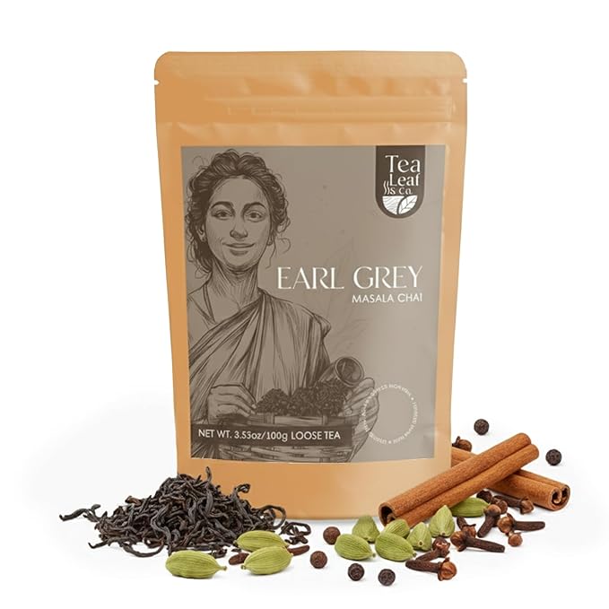 Tealeaf & Co. Earl Grey Masala Chai Loose Leaf Tea (100gm / 3.5oz) - Black Tea With Cardamom, Cinnamon, Black Pepper, Clove & Bergamot Oil - Flavorful Spiced Chai Blend - Low Caffeine - Gluten Free