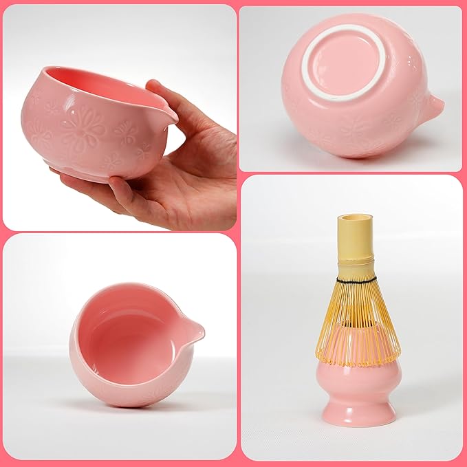 Matcha Whisk Set Traditional Matcha Set with Matcha Bowl | Complete Matcha Kit for Japanese Tea Ceremony - Pink