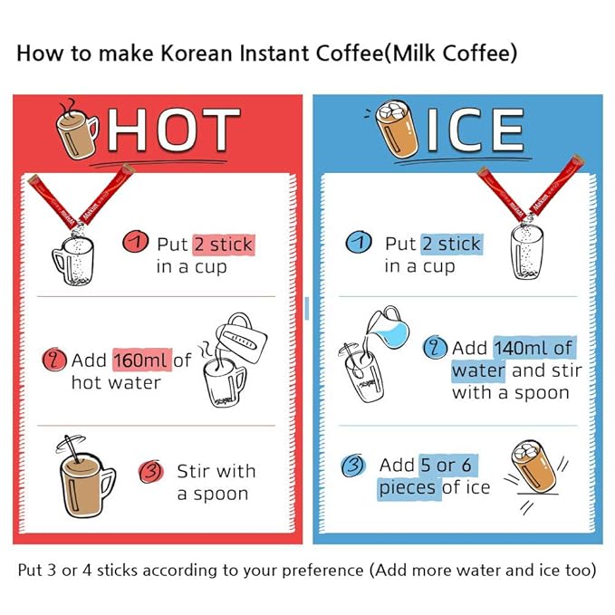 Korean Latte - Korean 3 in 1 Instant Coffee Variety Sample Packets with Gift Box Set, Maxim Supreme Gold Maxim instant Coffee 2 Mix Combination 18 Sticks