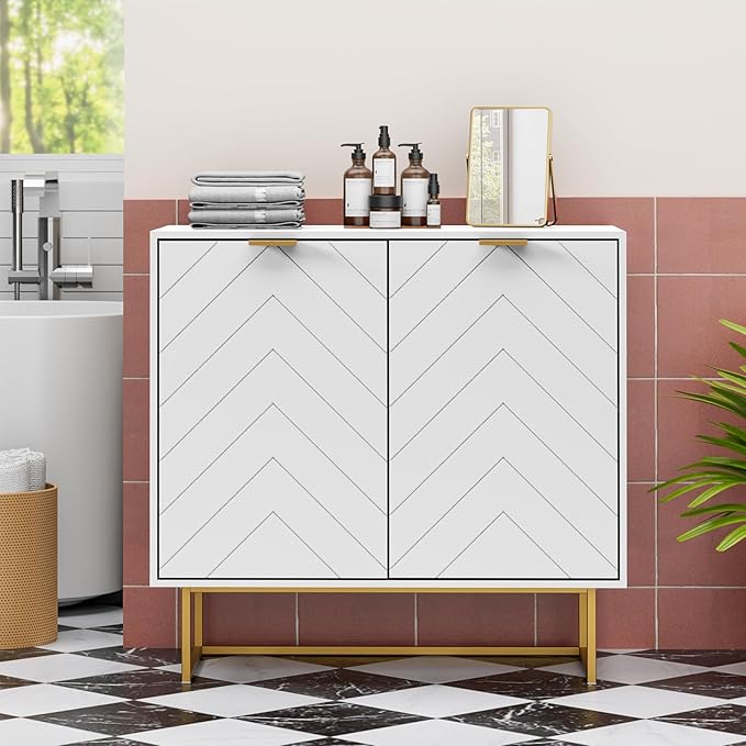 Scurrty Sideboard Buffet, Storage Cabinet with Golden Legs, White Sideboard Storage Cabinet with 2 Doors and Adjustable Shelf, Accent Cabinet for Living Room, Kitchen