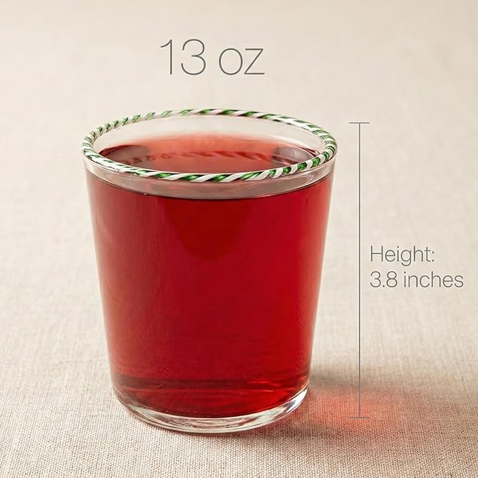 Gusto Buono Holiday Drinking Glasses — Set of 4 13oz Old Fashioned Glass, Borosilicate Glass Tumbler Vintage Glassware with Candy Cane Design
