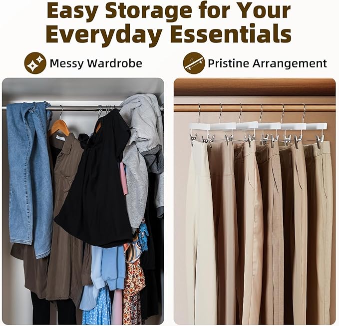 HOUSE DAY Premium Wooden Pants Skirts Hangers, Solid Wood Trousers Bottom Hanger with 2-Adjustable Clips, Clip Hangers for Slacks, Jeans, Shorts (White, Pack of 100)