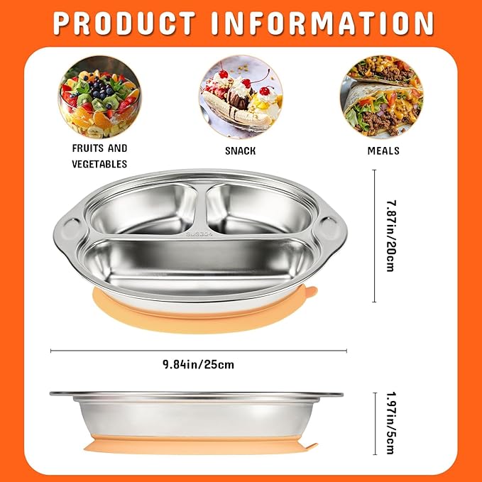 Stainless Steel Baby Suction Plates Divided Plates for Babies and Toddlers, Made of 100% Food-Grade Materials Ideal for Baby-Led Weaning BPA-Free Toddler Feeding Dishwasher Safe Orange-pink