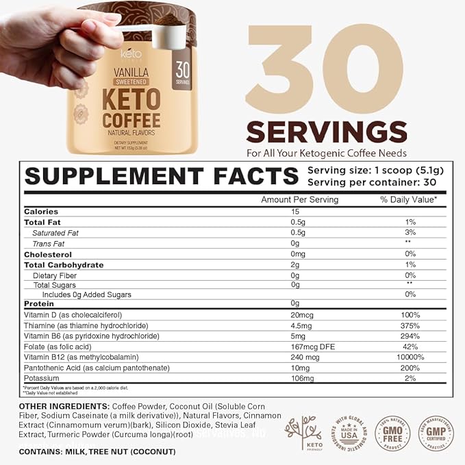 Keto Vitals Instant Keto Coffee Powder - 30 Servings - Low-Calorie Vanilla Sweetened Coffee with Keto-Friendly Creamer
