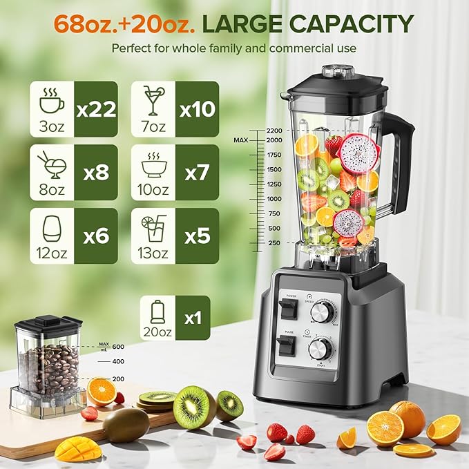 Blender for Smoothies - Blenders for Kitchen with 68Oz. Pitcher & 20Oz. Grinder, Smoothie Blender for Ice Crushing, Frozen Fruit, 28000 RPM