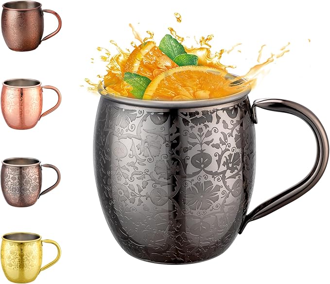 Moscow Mule Mugs - 18 Oz Copper-Plated Fine Craftsmanship Etched Mugs,304 Stainless Steel-Lined Mule Cups,For Cold Drinks, Beer, Wine, Bars, Parties