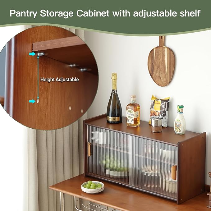 Wall Mounted Bamboo Countertop Storage Cabinet with Glass Door, Hanging Kitchen Cupboard with Adjustable Shelves, Small Pantry Sideboard for Dining Room, Bathroom, Walnut