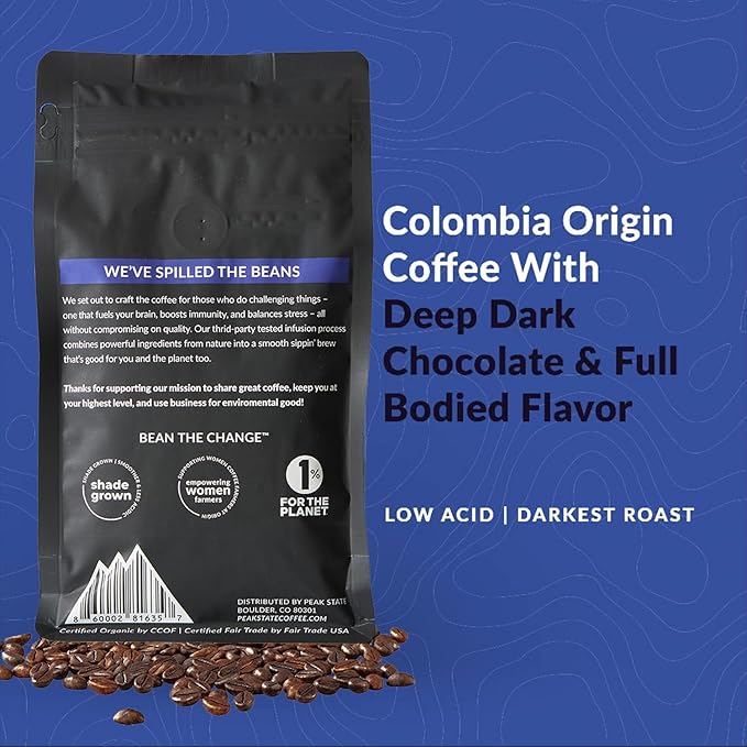 Peak State Coffee with Benefits, 3 Bag Variety Pack – Mushroom Coffee, Low Acid & Smooth, Immunity Boost, Brain Sustain & Stress Less, Organic Whole Bean, Gluten Free, 12 oz. Each