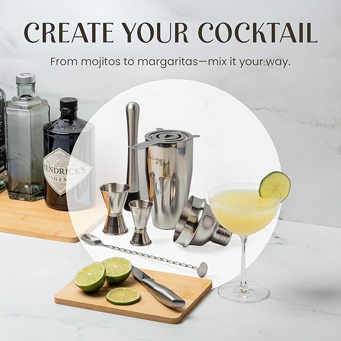 Mixology & Craft 11-Piece Cocktail Shaker Set, Bartender Kit with Stand, Stainless Steel Bar Tools, Dual Jiggers, Muddler & Pourers, Wood Display for Home Bar - Gift Ready (Silver)