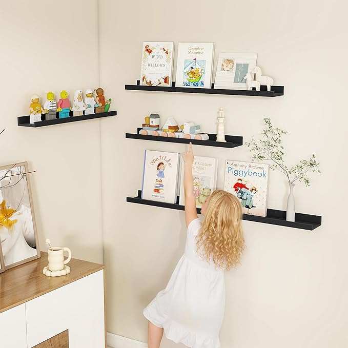 Fun Memories Picture Ledge Shelf, Black Floating Shelves Set of 4, 24 Inch Picture Shelves for Wall with Ledge, Large Nursery Book Shelf for Toys Storage, Living Room, Bedroom Decor Frames