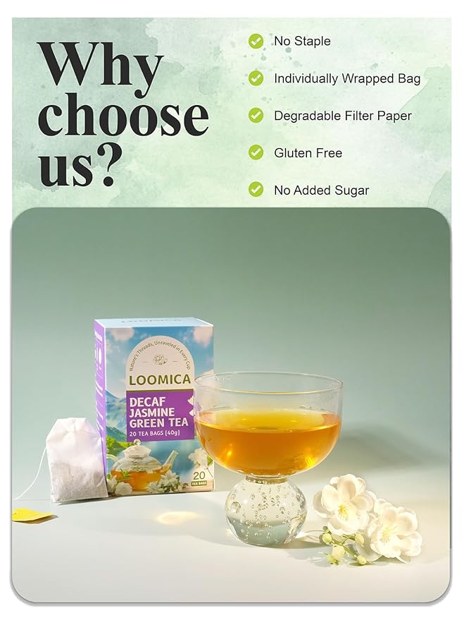 LOOMICA Decaf Jasmine Green Tea, Decaffeinated, Smooth & Refreshing Jasmine Green Tea Bags, Naturally Fragrant with Fresh Blossoms, Perfect for Relaxation & Daily Enjoyment, 20 Counts (Pack of 2)