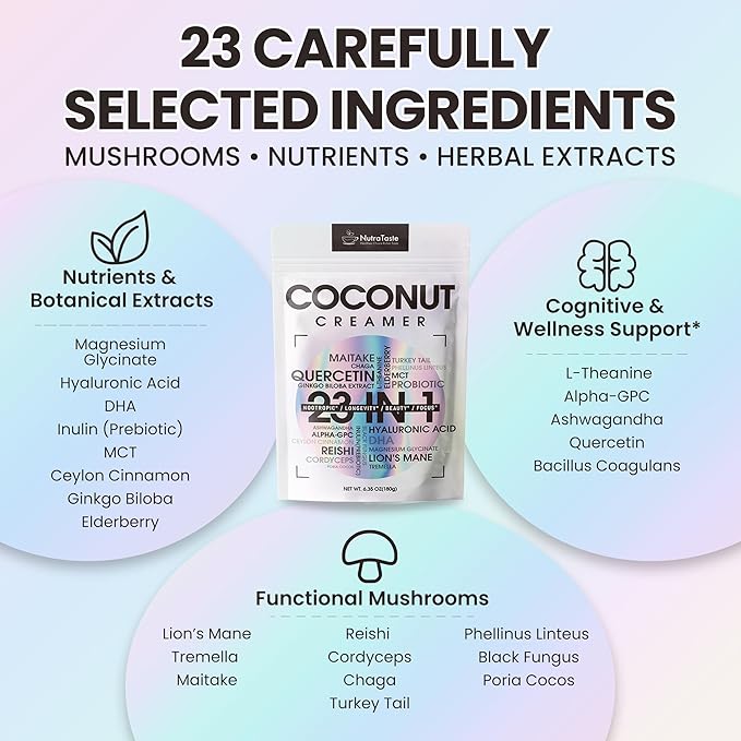 23 in 1 Superfood Coffee Creamer, Mushroom Coconut Creamer | Ashwagandha, Magnesium Glycinate, Hyaluronic Acid, MCT & 10 Mushrooms Supplement | Nootropic & Focus Support | Plant-Based, Keto - 6.35oz
