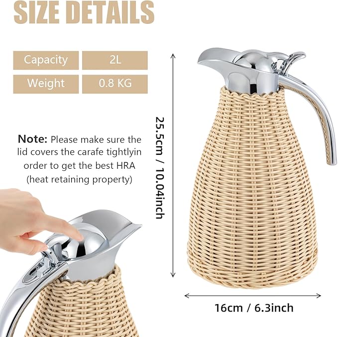 Stainless Steel Coffee Thermal Carafe, 50 Oz/1.5 L Woven Rattan Insulated Coffee Carafe Double Walled Vacuum Insualted 20 Hour Heat Cold Retention (White)