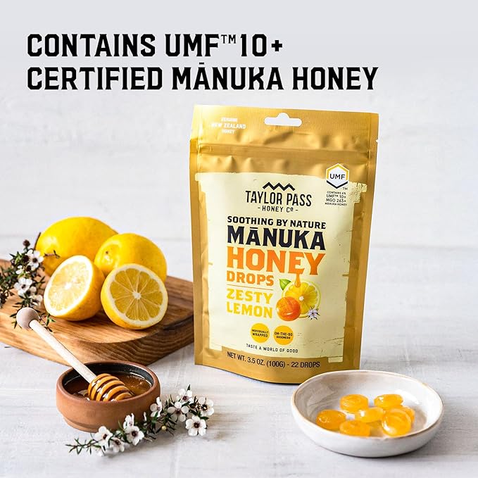 Taylor Pass Honey Co Mānuka Honey Drops UMF™ 10+| Zesty Lemon | Mānuka Honey Lozenges | Soothing Natural Manuka On-The-Go | 22 Individually Wrapped Drops | Made in New Zealand
