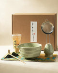 Handcrafted Matcha Kit, 7-Piece Green Tea Set, Includes Ceramic Bowl, Bamboo Whisk, Stainless Steel Sifter, Bamboo Scoop, Whisk Holder & Cotton Towel, Perfect for Tea Ceremony, Green Xiheng