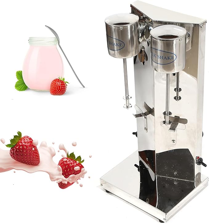 Electric Milk shaker 18000RMP Double Head Stand Mixer 180W 110V Commercial Stainless Steel Drink Mixer Machine 650ml Smoothie Malt Blender w/2Pcs PP Cup (Double Head)