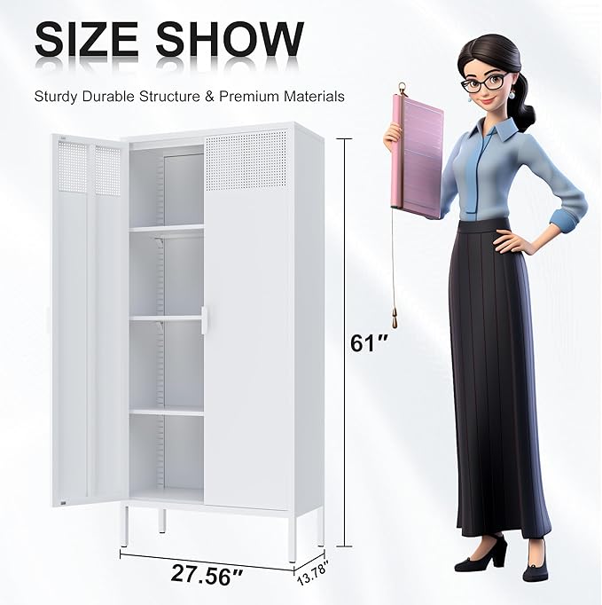 Metal Storage Cabinet with 2 Doors and 3 Adjustable Shelve,61" White Kitchen Pantry Storage,Office Steel Cabinets Locker for Kitchen,Living Room,Dining Room,Home,Office