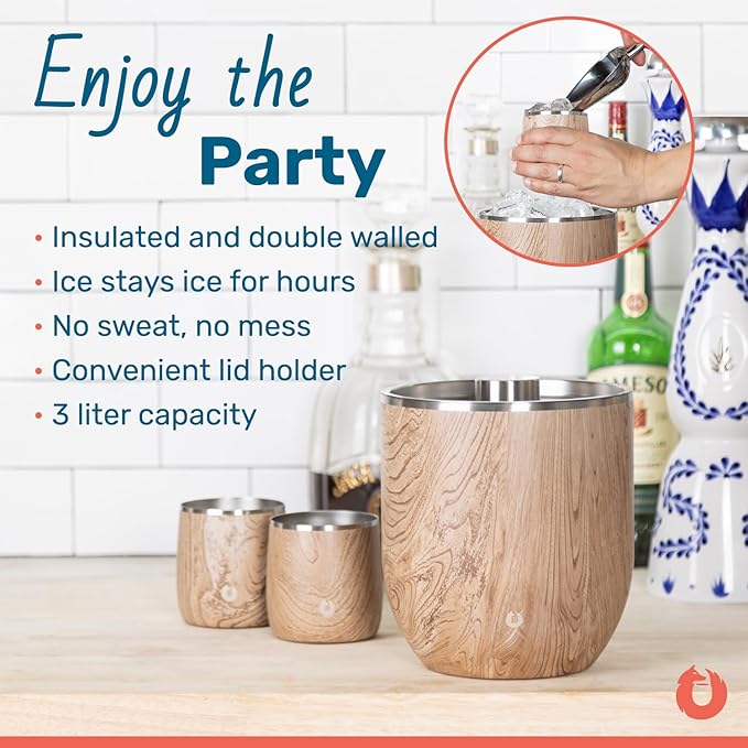 Snowfox Plus, Premium Vacuum Insulated Stainless Steel Ice Bucket with Lid/Scoop,Home Bar Accessories,Elegant Bartending Ice Buckets for Parties,Beautiful Outdoor Entertaining Supplies,3L,Dark Walnut