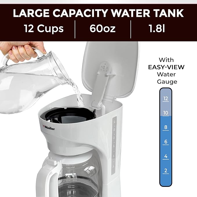 MUELLER HOME 12-Cup White Coffee Maker - Borosilicate Carafe, Auto-Off, Reusable Filter, Anti-Drip, Keep-Warm Function, Clear Water Level Window, White Kitchen Accessories