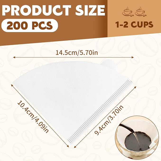 200 Count Cone Coffee Filters, Coffee Filters #1 Disposable, V60 Cone Paper Filter for Pour Over and Drip Coffee Maker, Suitable for Home Coffee Shop (White, 1-2 Cup)