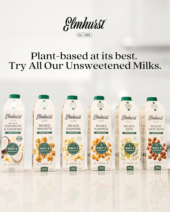 Elmhurst 1925 Unsweetened Hazelnut Milk - 32 Ounce (Pack of 6) Dairy-Free, Gluten-Free, Vegan, Kosher, Shelf Stable Milk Made with Water & Hazelnuts for Healthier, Simpler Plant-Based Alternatives