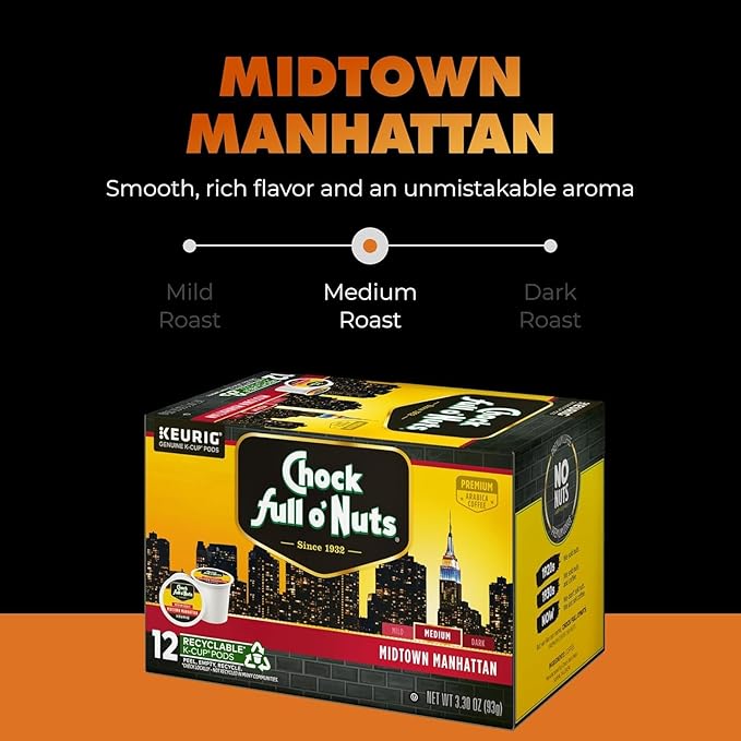 Chock Full o' Nuts Midtown Manhattan Keurig K-Cup Pods for Keurig Brewers – Premium Arabica, Medium Roast – Single Serve – 6 Packs of 12 K-Cup Pods