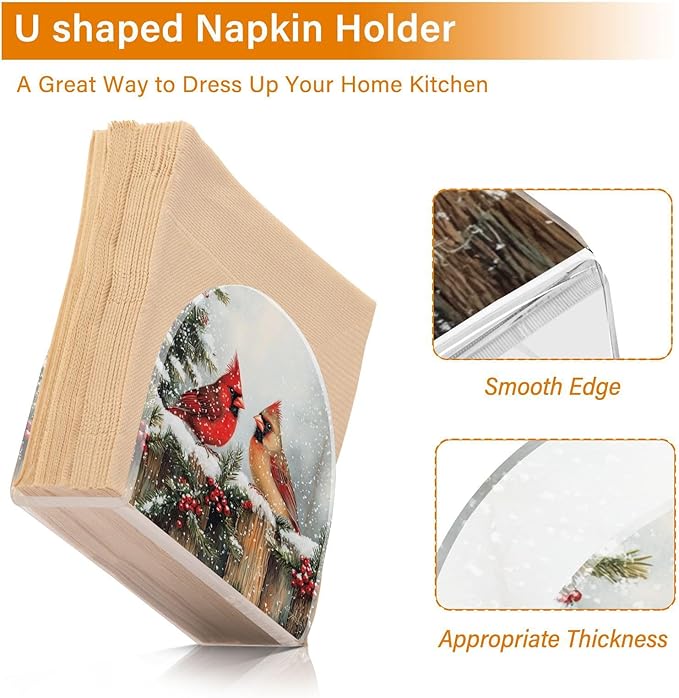 Christmas Winter Red Birds Napkin Holder for Table Paper Cocktail Napkin Holders for Kitchen Dinning Acrylic Dinner Napkin Dispenser for Dinner Home Decor Bar 1 Pack